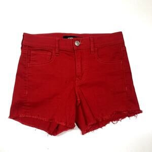 Express Red Denim Shorts Mid Rise Raw Hem Stretch Women’s Plus Size 18